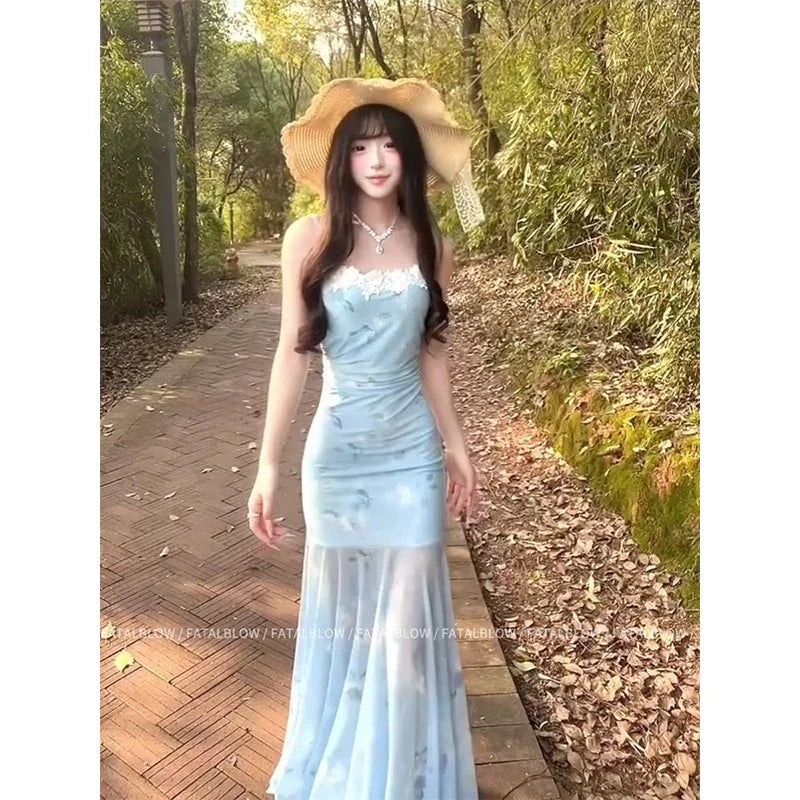 French Blue Floral Camisole Pure Desire Waist-Cinched Mermaid Maxi Dress