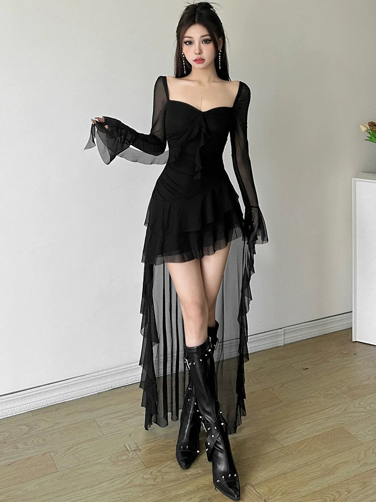 Sweet & Edgy Retro Flowing Square-Neck Tulle Ruched Cinched Waist Asymmetrical Dress