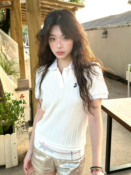 Preppy Embroidered Short Sleeve Polo Top Slim Fit Knit Shirt