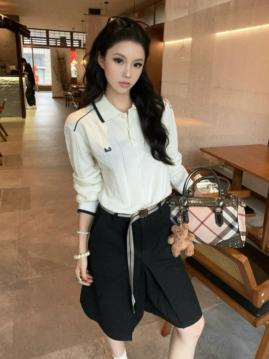 Classic Polo Cable Knit Sweater Loose Fit Top