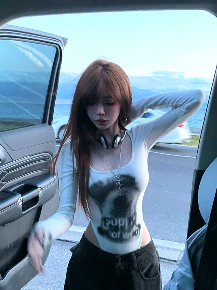 White Graphic Print Jumpsuit Y2K