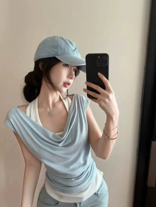 Blue Fake Two-Piece Subculture Y2K E-girl Light Subculture American Retro Fake Two-Piece Short Sleeve Top