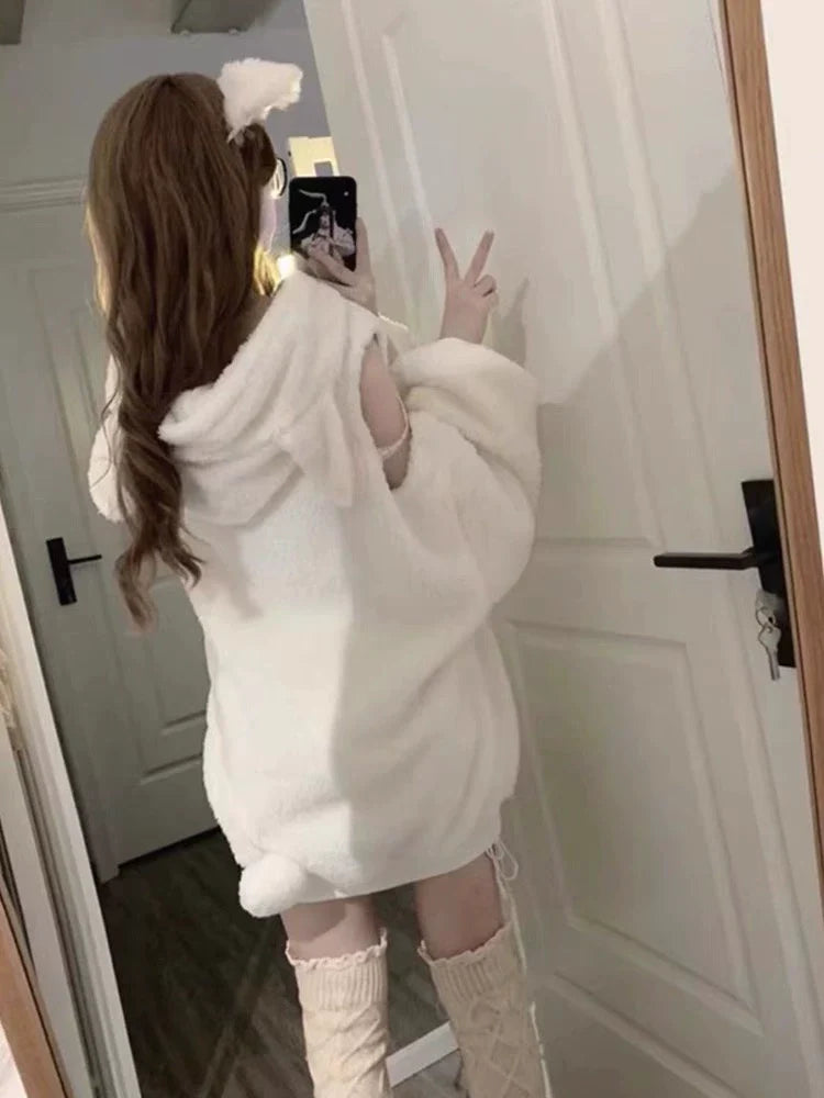 Snow White Y2K Japanese Sheep Off-Shoulder Lamb Fleece Hoodie