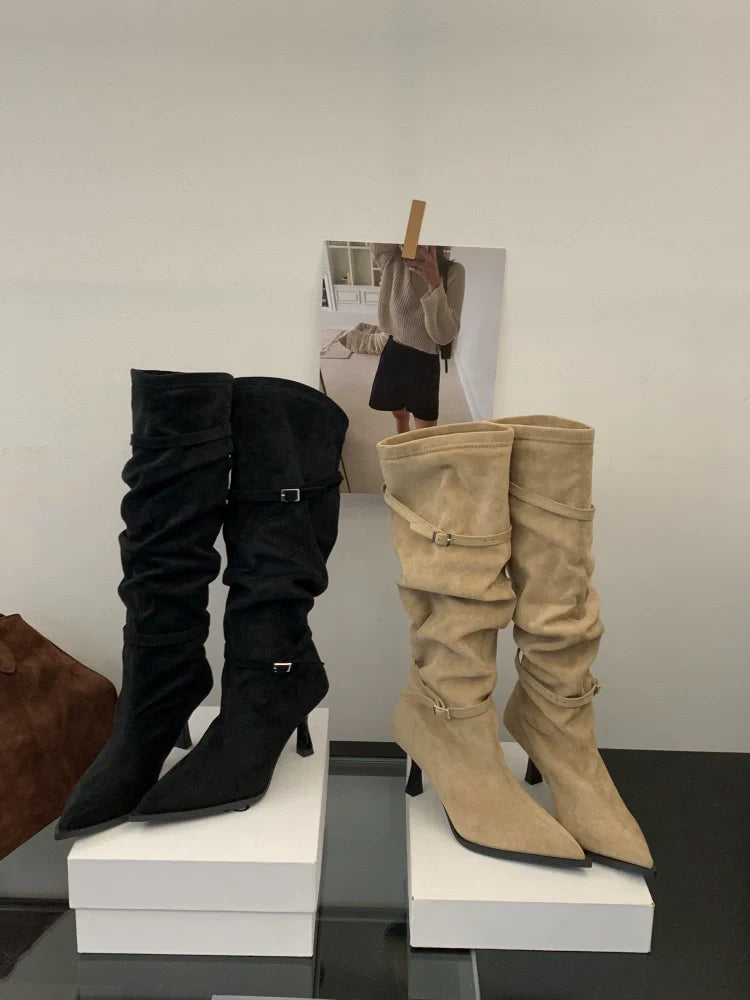 New Fall Winter French Knee High Boots Women Thin High Heel Winter Coat Friendly Knee High Fashion Maillard Boots