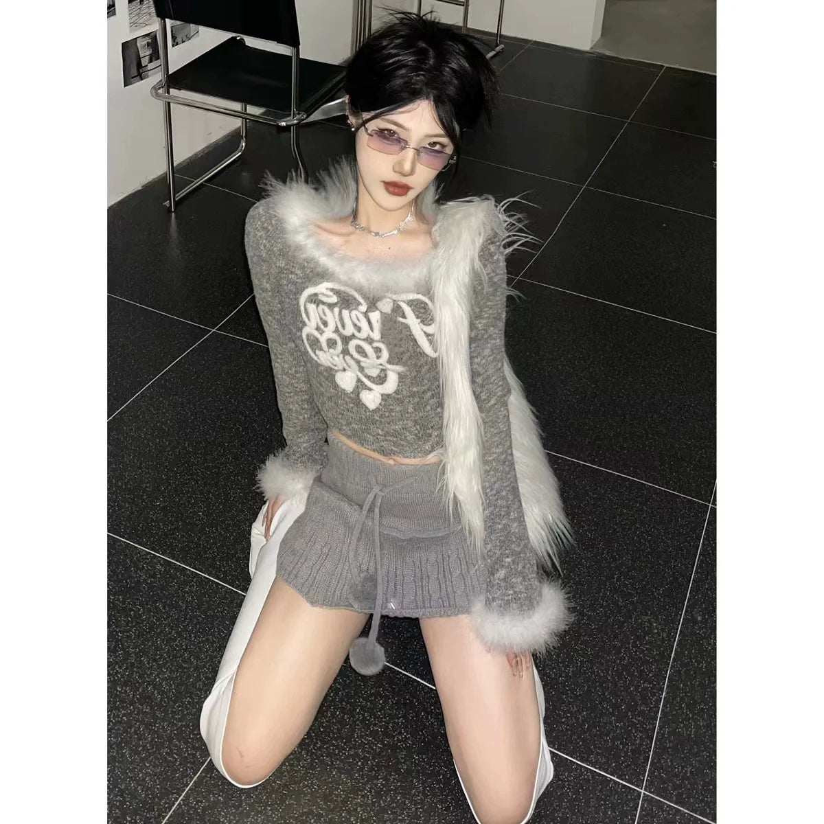 Heathered Gray Y2K Pure Elegance Fuzzy Cropped Sweater