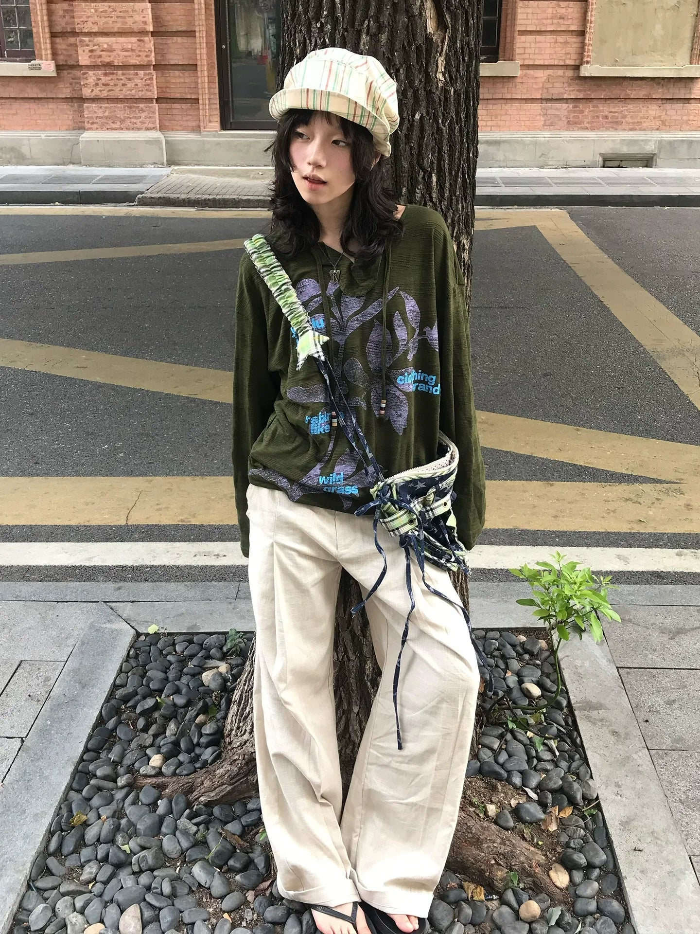 Oriental Tie Beaded V Neck Knit Long Sleeve Top