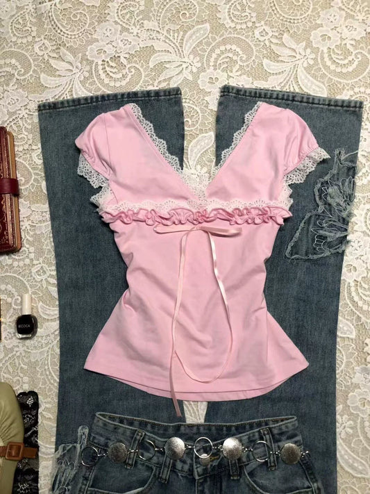 Pink Subculture Y2K E-girl Abi American Retro Lace & Bow Short Sleeve Top
