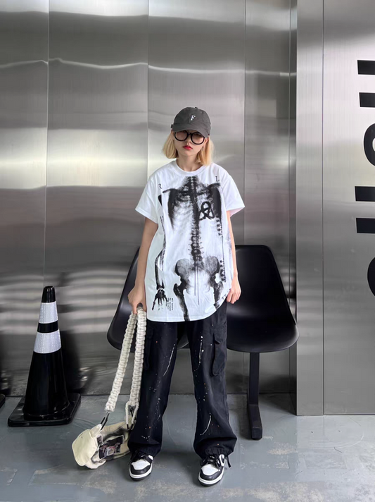 Human Skeleton Punk Bone Print Oversized Mid-Length Y2K T-Shirt