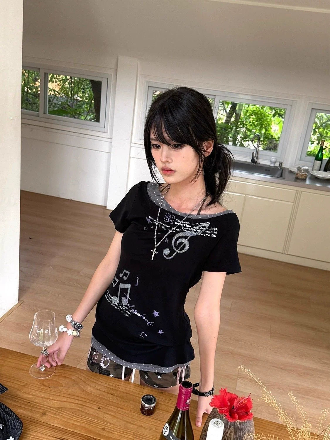 Music Purple Wave Fake Two-Piece Subculture Y2K E-girl Light Subculture American Retro Print Short Sleeve Top