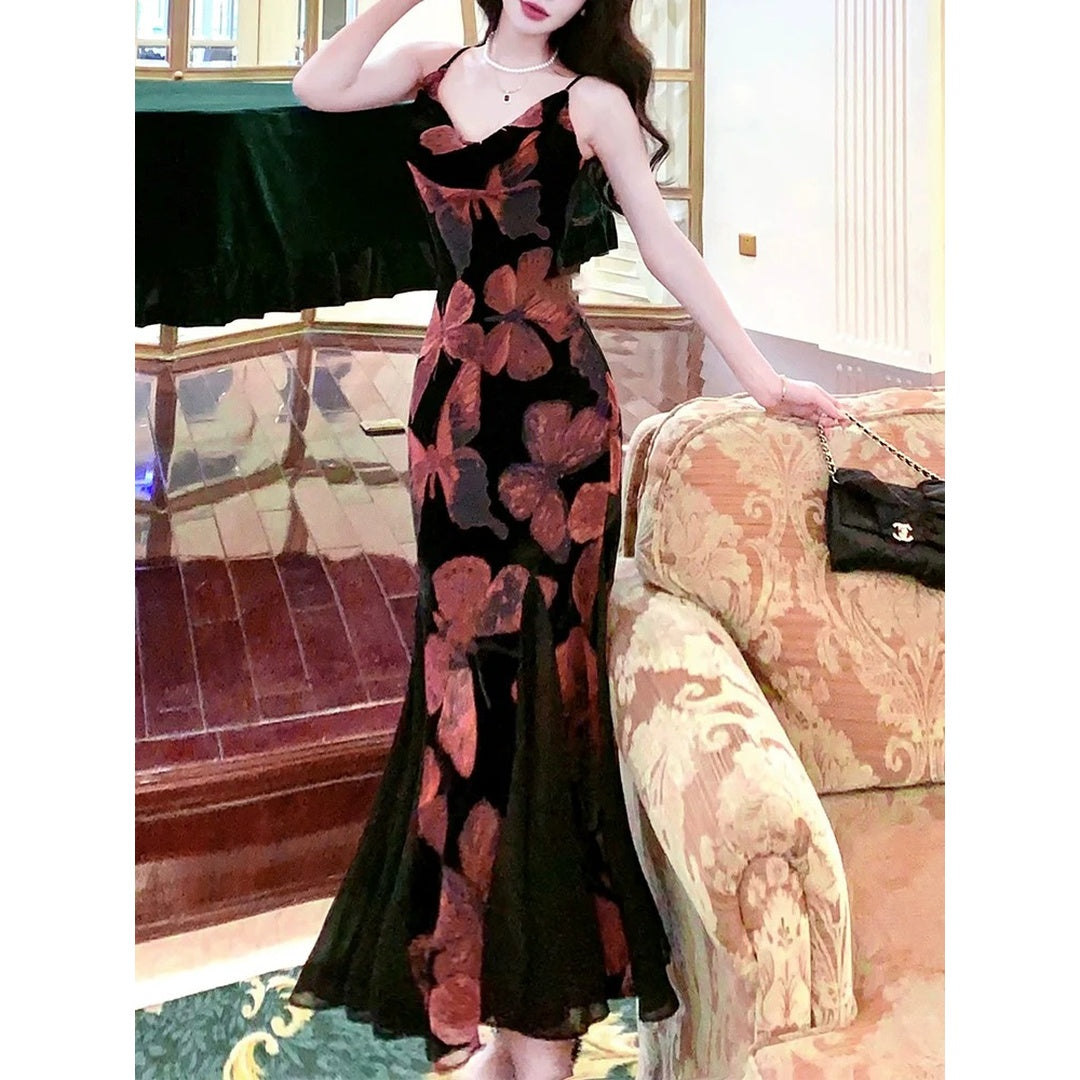 French Velvet Flocked Gown Dress