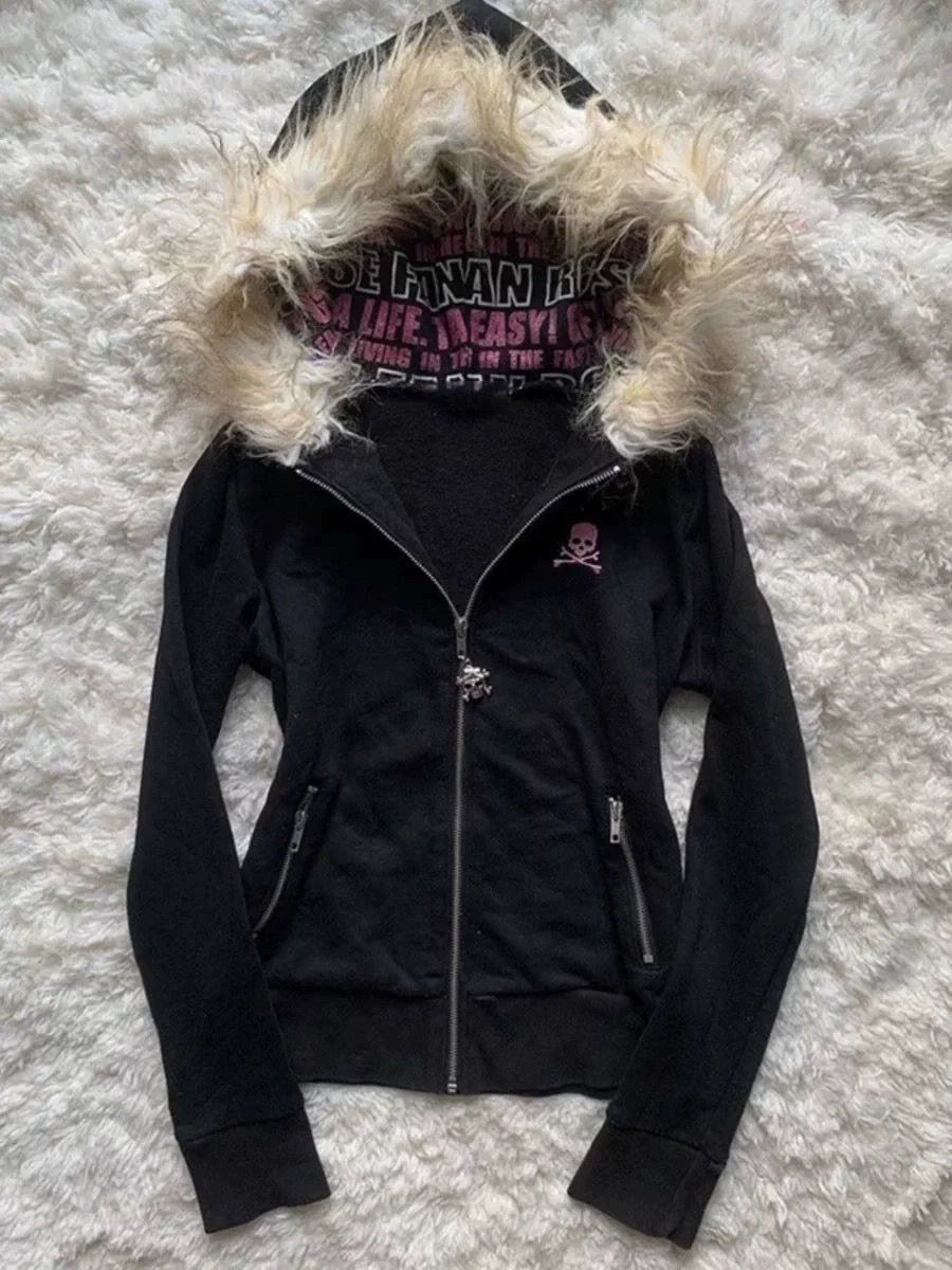 Black Letter Fur Hoodie Y2K Hoodie