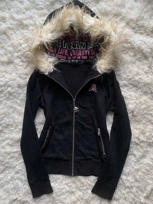 Black Letter Fur Hoodie Y2K Hoodie