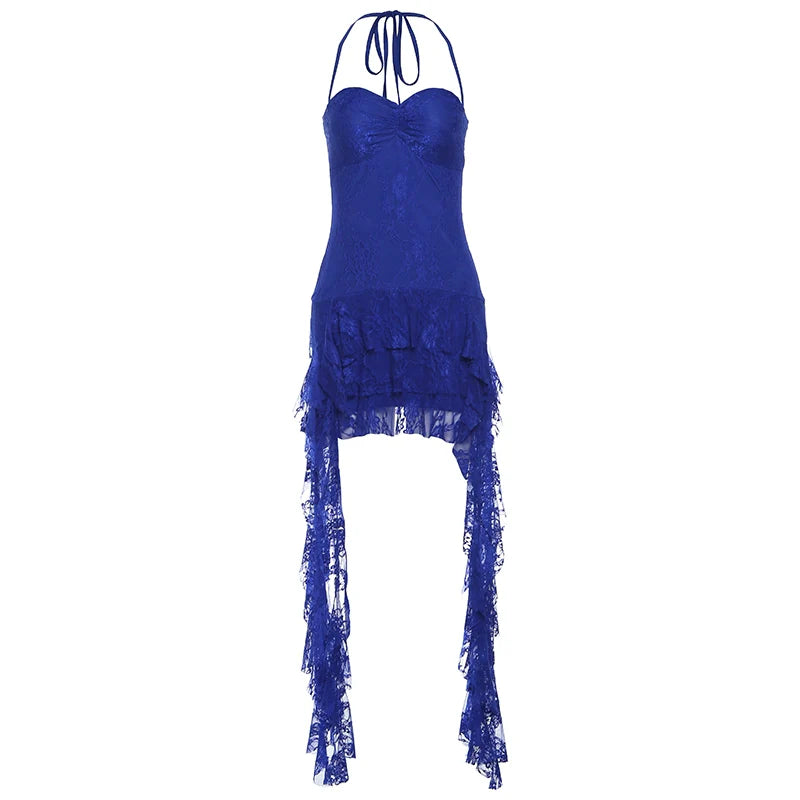 Hot Girl Klein Blue Halter Sleeveless Lace Asymmetrical Fringe Slimming Mini Dress