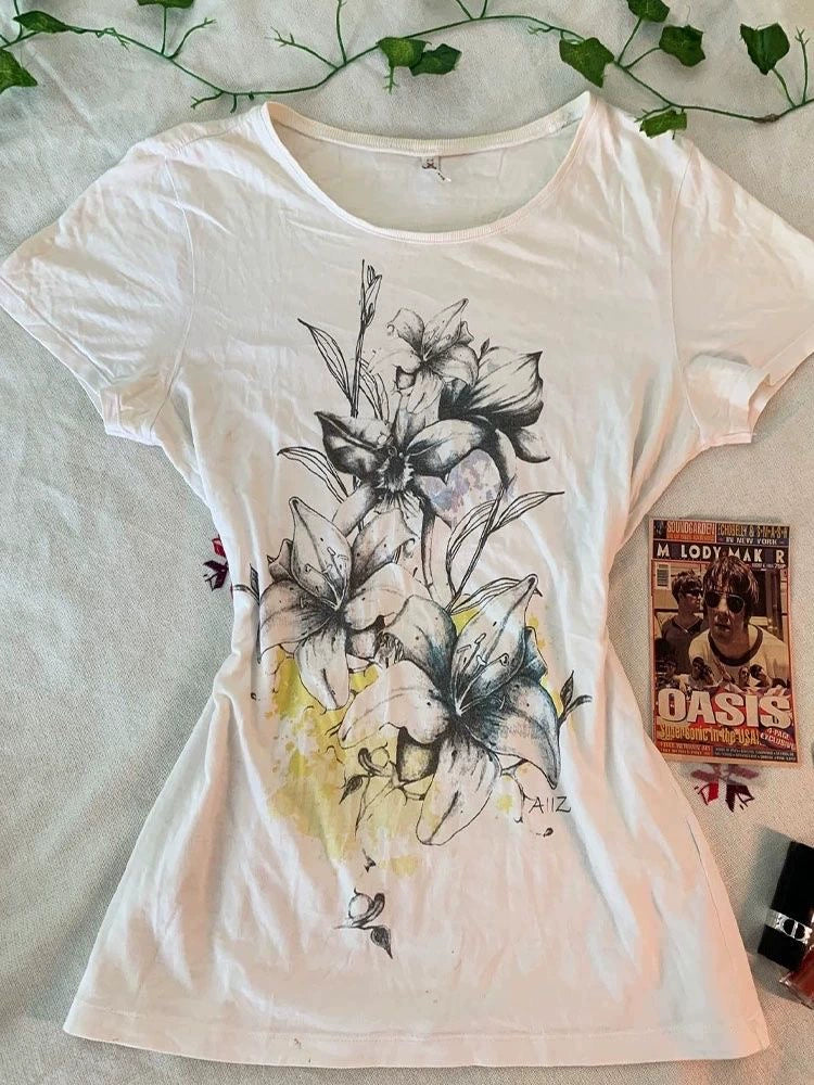 White Subculture Y2K E-girl Abi American Retro Ink Print Light Subculture Short Sleeve Top