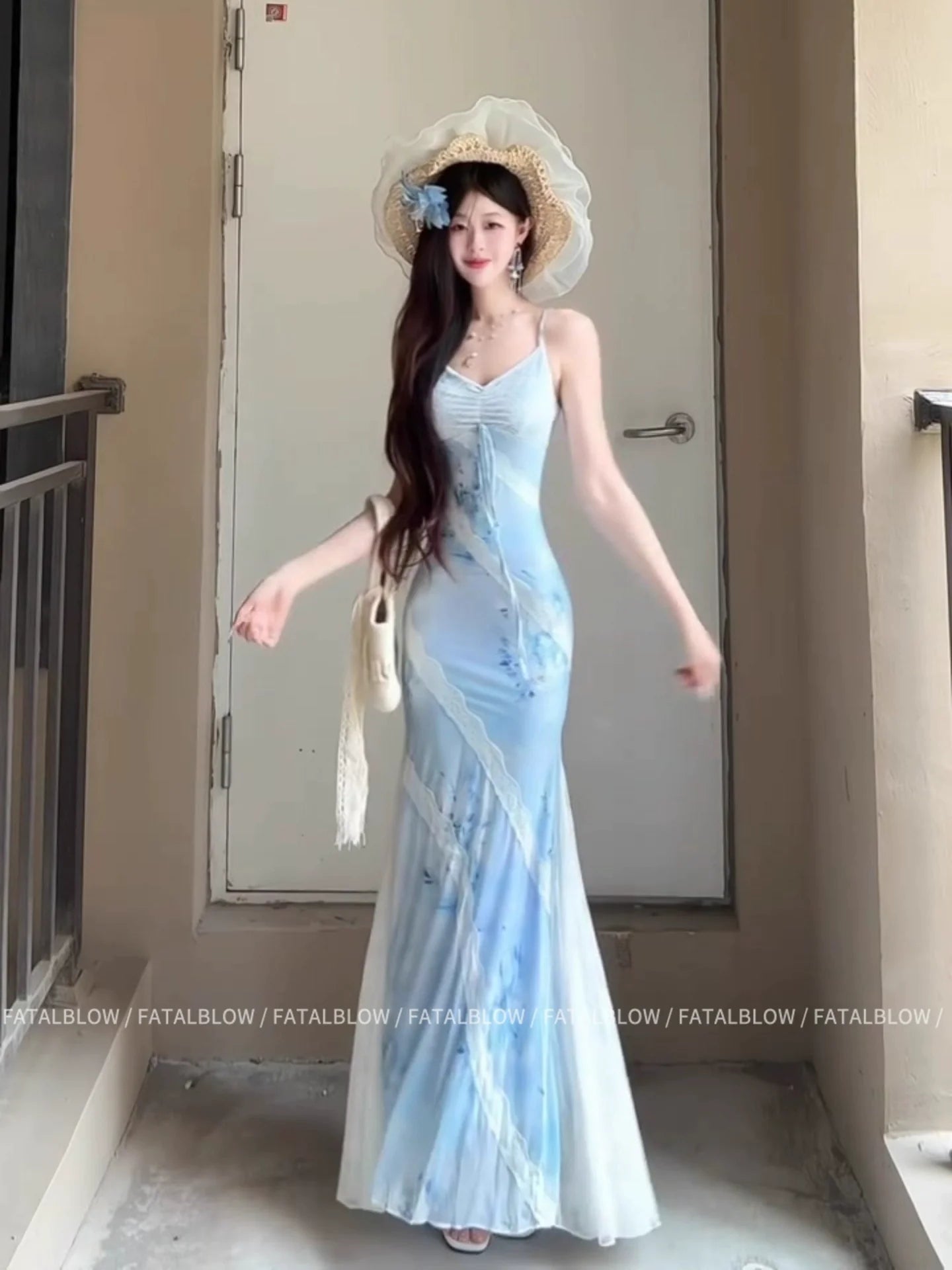 French Blue Floral Lace Spaghetti-Strap Beach Vacation Mermaid Midi Dress