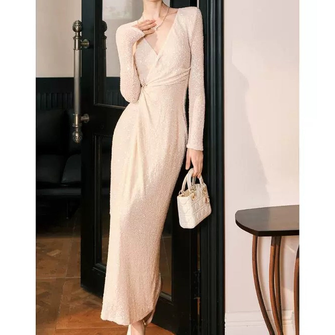 French Sequin Knit Long Sleeve Birthday Gown Dress