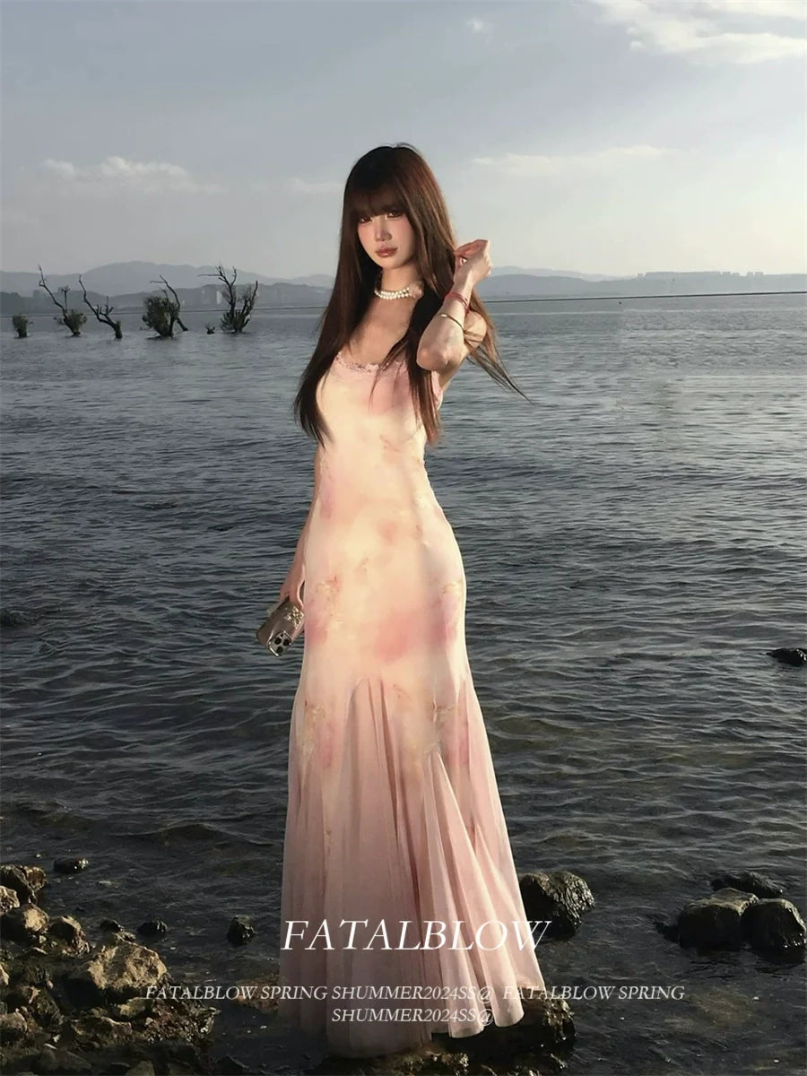 French Pink Floral Tulle Halter Waist-Cinched Slimming Beach Vacation Summer Maxi Dress