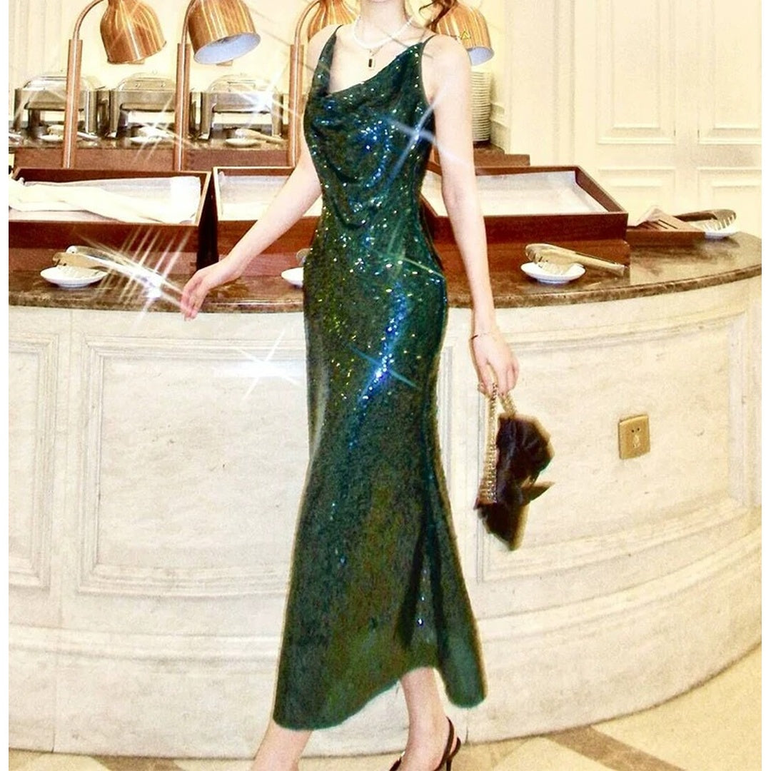Luxury Green Sequin Tank Gown Evening Party Dress