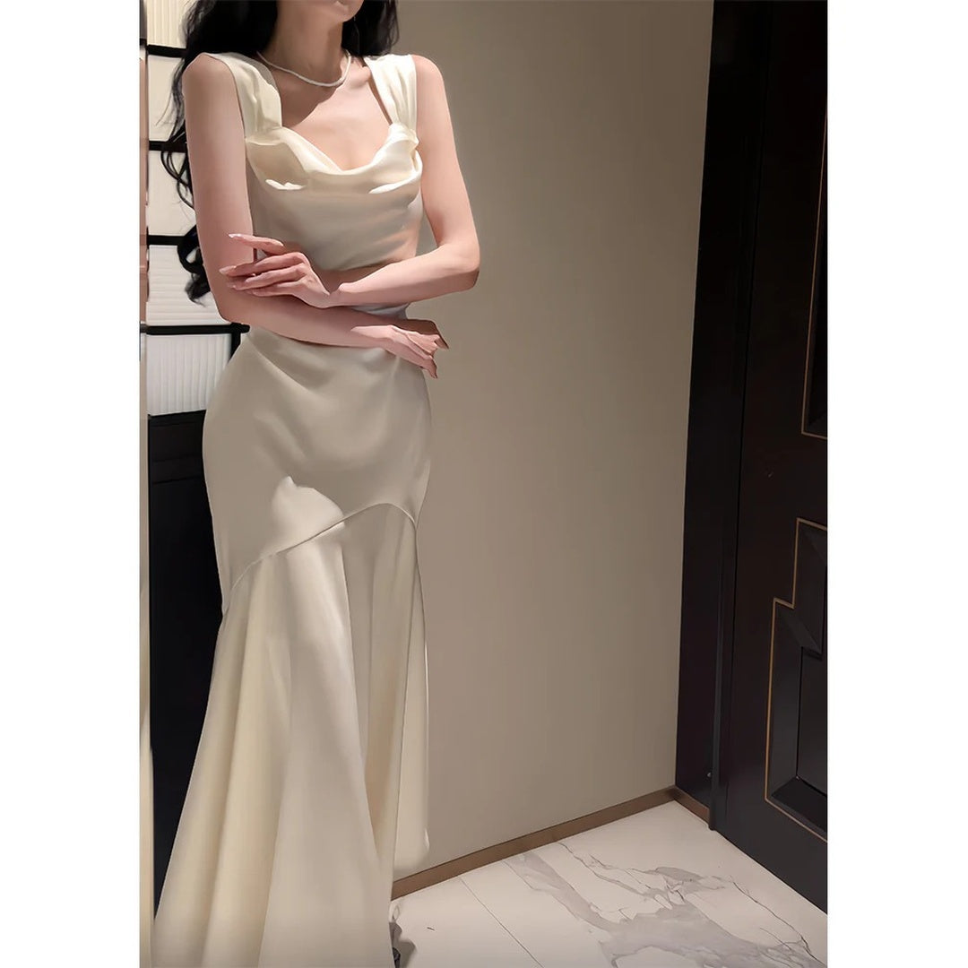 French Satin Mermaid Tail Dress White Engagement Party Evening Gown