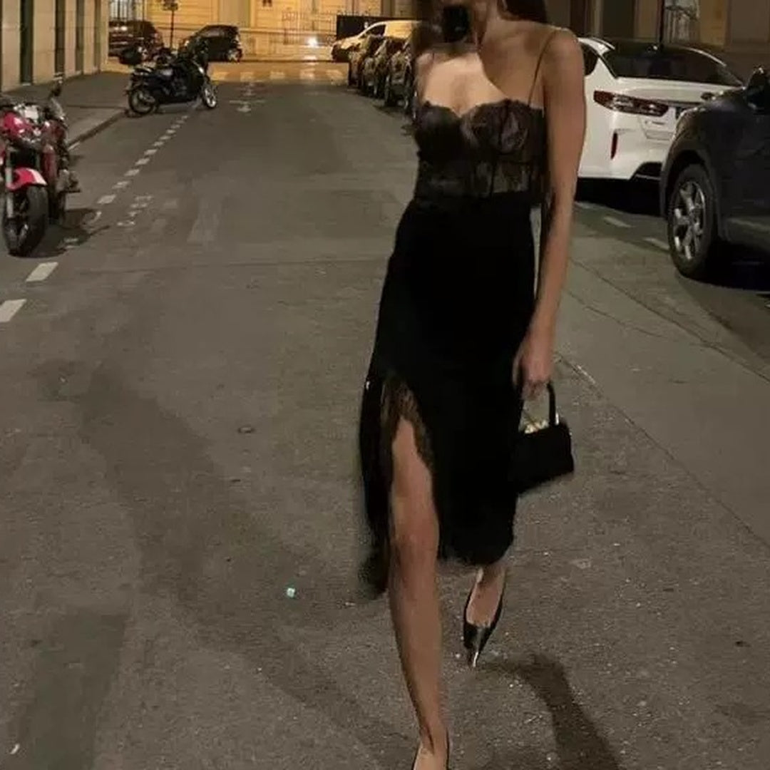 French Lace Contrast Spaghetti Strap Party Gown Dress