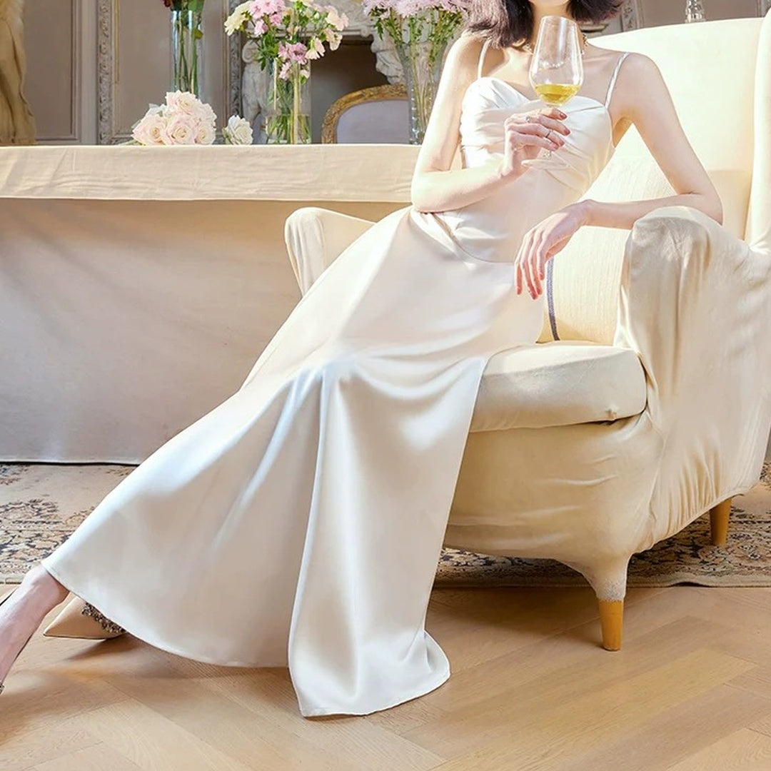 French Luxury Satin Spaghetti Strap Gown Dress – Engagement and Party Dress
