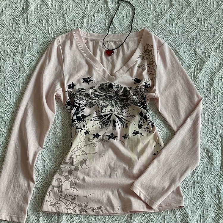 Pink Short-Sleeve Subculture Y2K E-girl Retro Distressed V-neck Print Niche Waist-Cinched Top