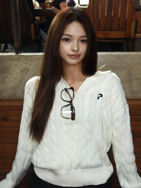 Cable Knit V Neck Loose Sweater Retro College Style Top