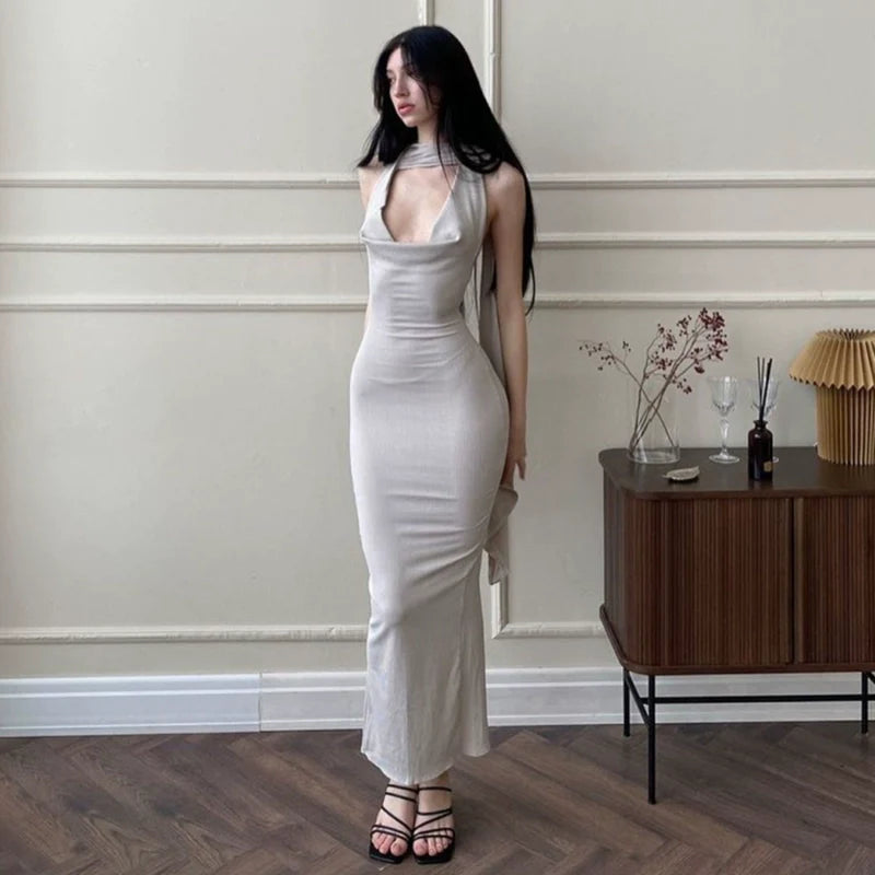 Sexy Halter Cowl-Neck Open-Back High-Slit Maxi Dress