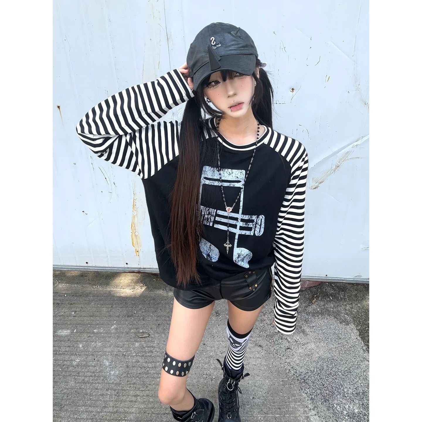 Y2K Light Subculture Striped Long Sleeve Tee Musical Print Raglan Top