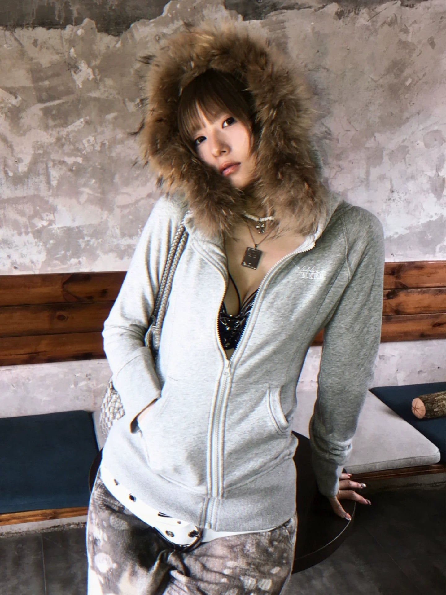 Detachable Fur Collar Zip Up Hoodie Slim Fit Y2K Top