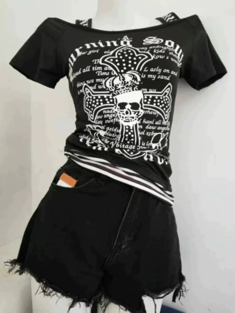 Black Subculture Rock Punk Y2K E-girl Abi Vintage Print Short Sleeve Top