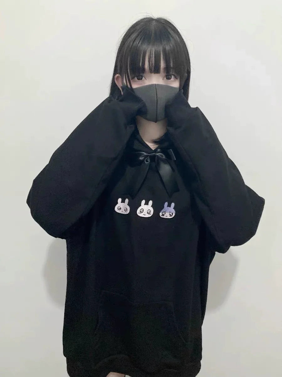 Black Bunny Hooded Sweatshirt Subculture Y2K Japanese Anime Light Subculture Otaku-Style Abi Autumn/Winter Top