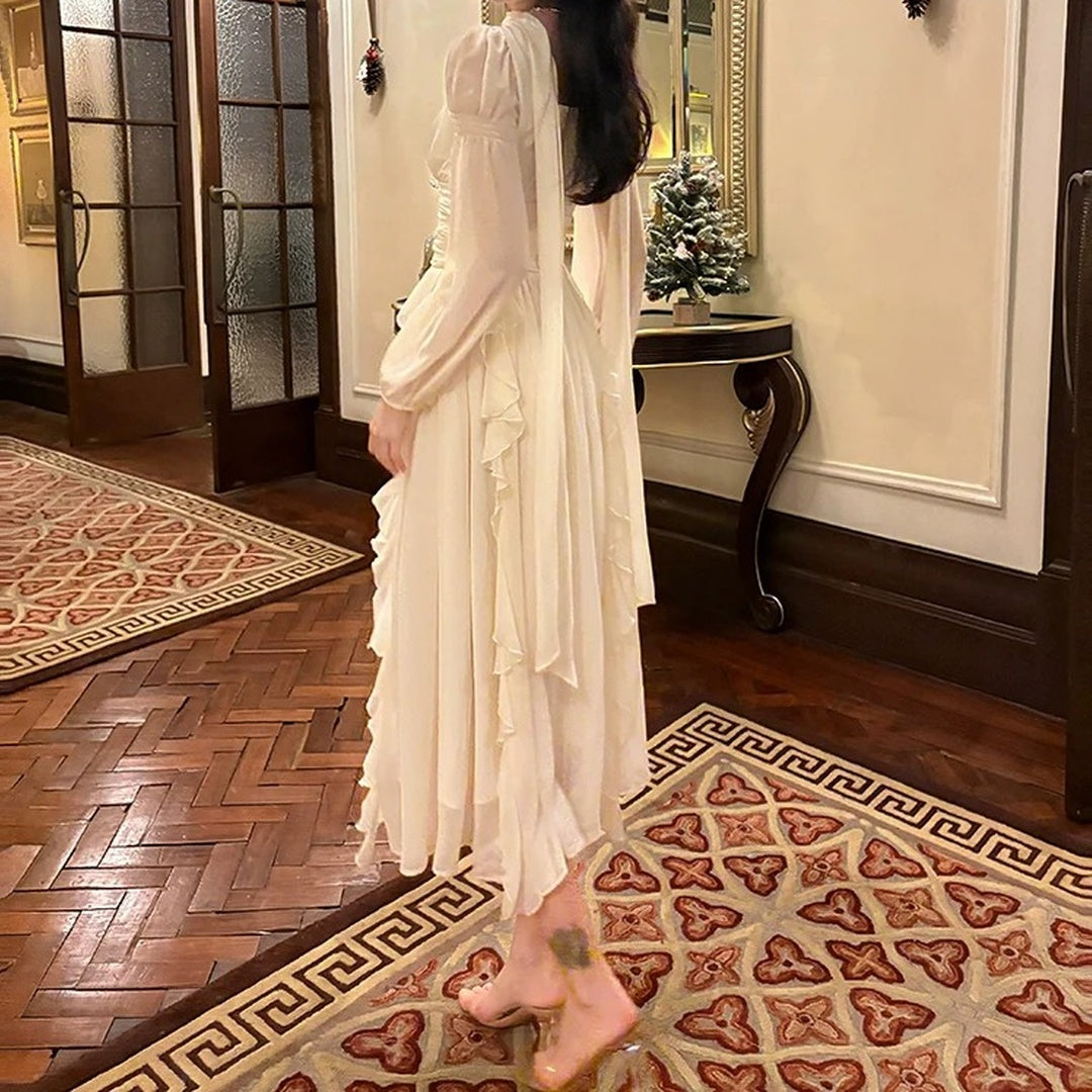 White Long Sleeve Gown with Ruffle Details Prom Dress