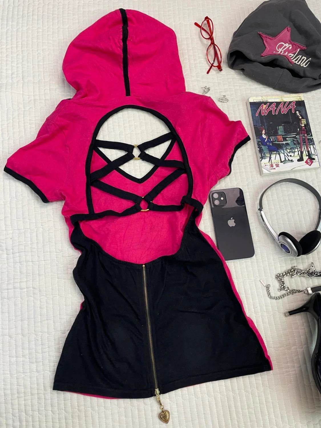 Open-Back Hooded Subculture Y2K E-girl Abi American Retro Open-Back Hooded Light Subculture Short Sleeve Top