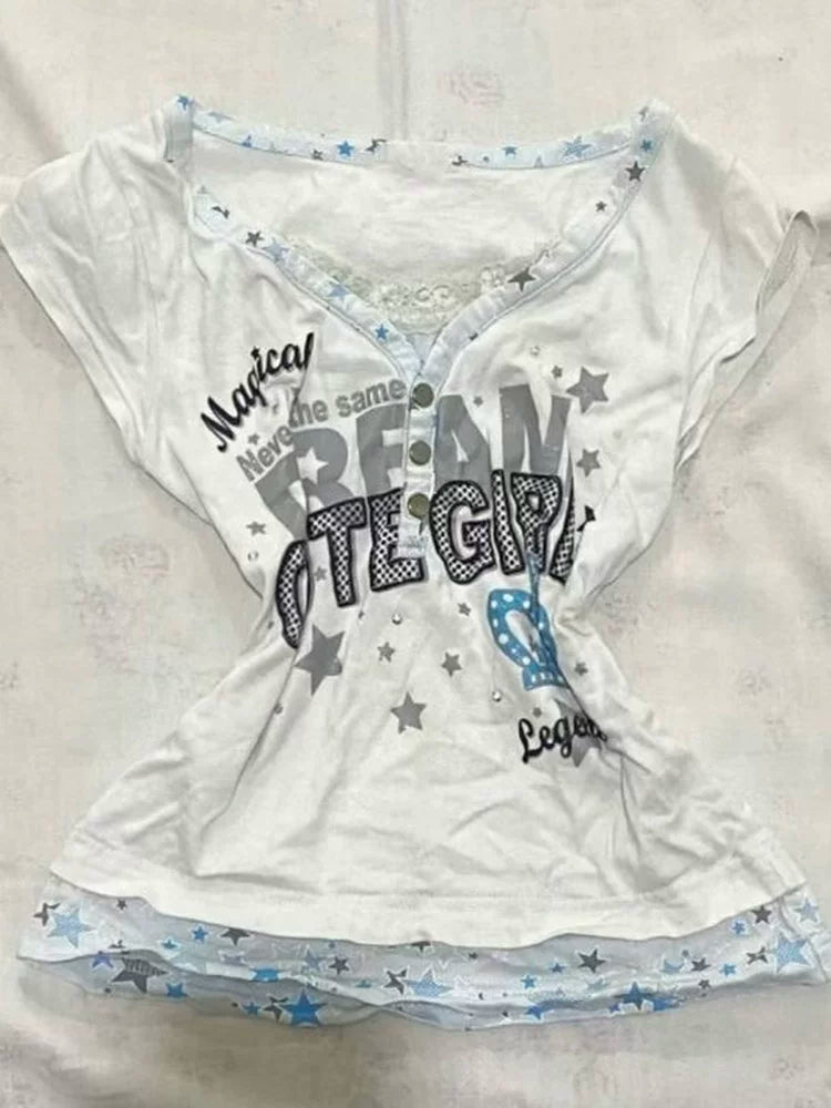 White Fake Two-Piece Subculture Y2K E-girl Shibuya Girl Abi American Retro Star Short Sleeve Top