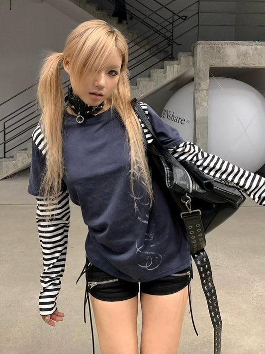Y2K Striped Colorblock Long Sleeve Layered T Shirt Top