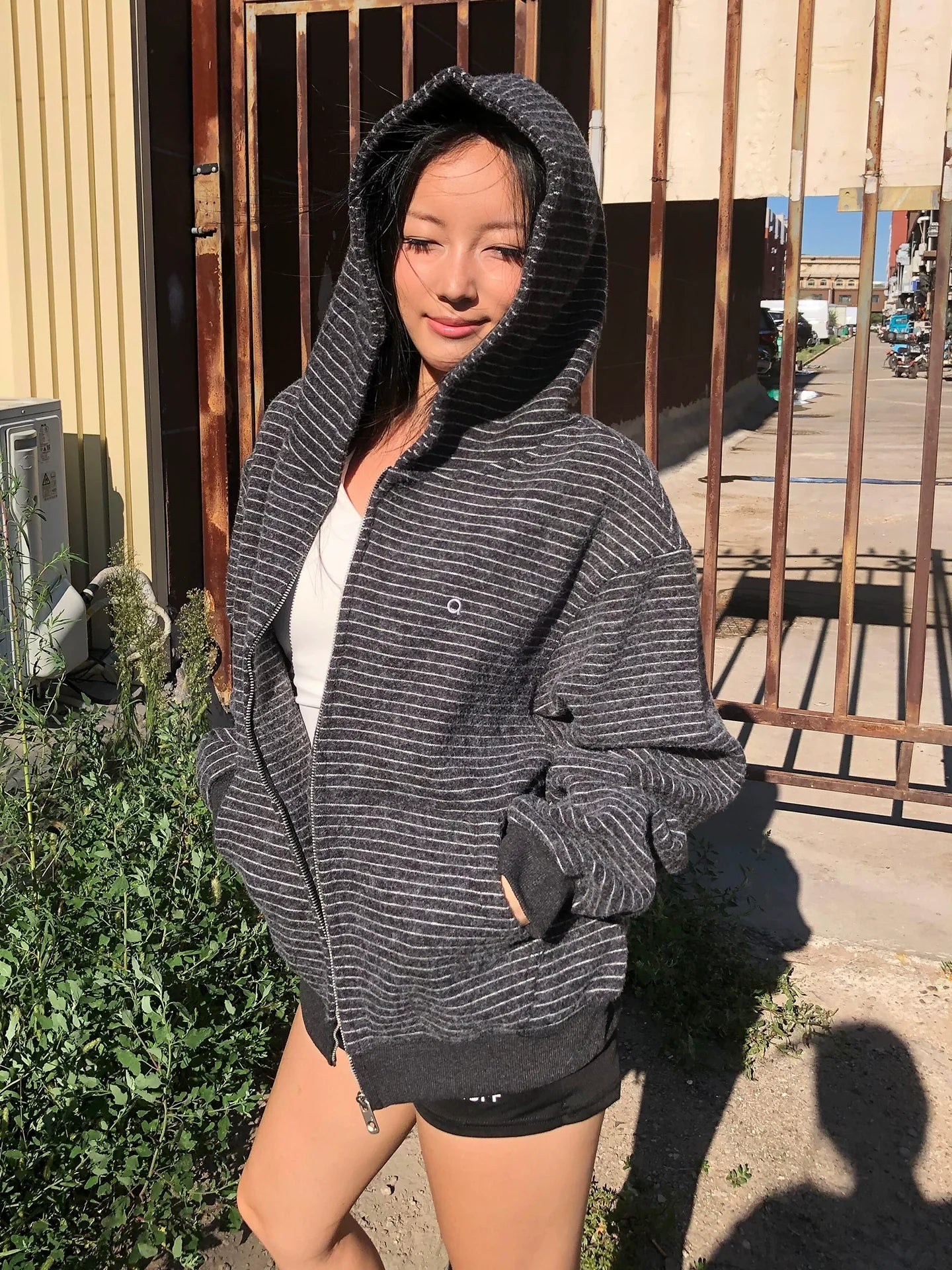 Retro Striped Zip Up Hoodie Wool Blend Oversized Top