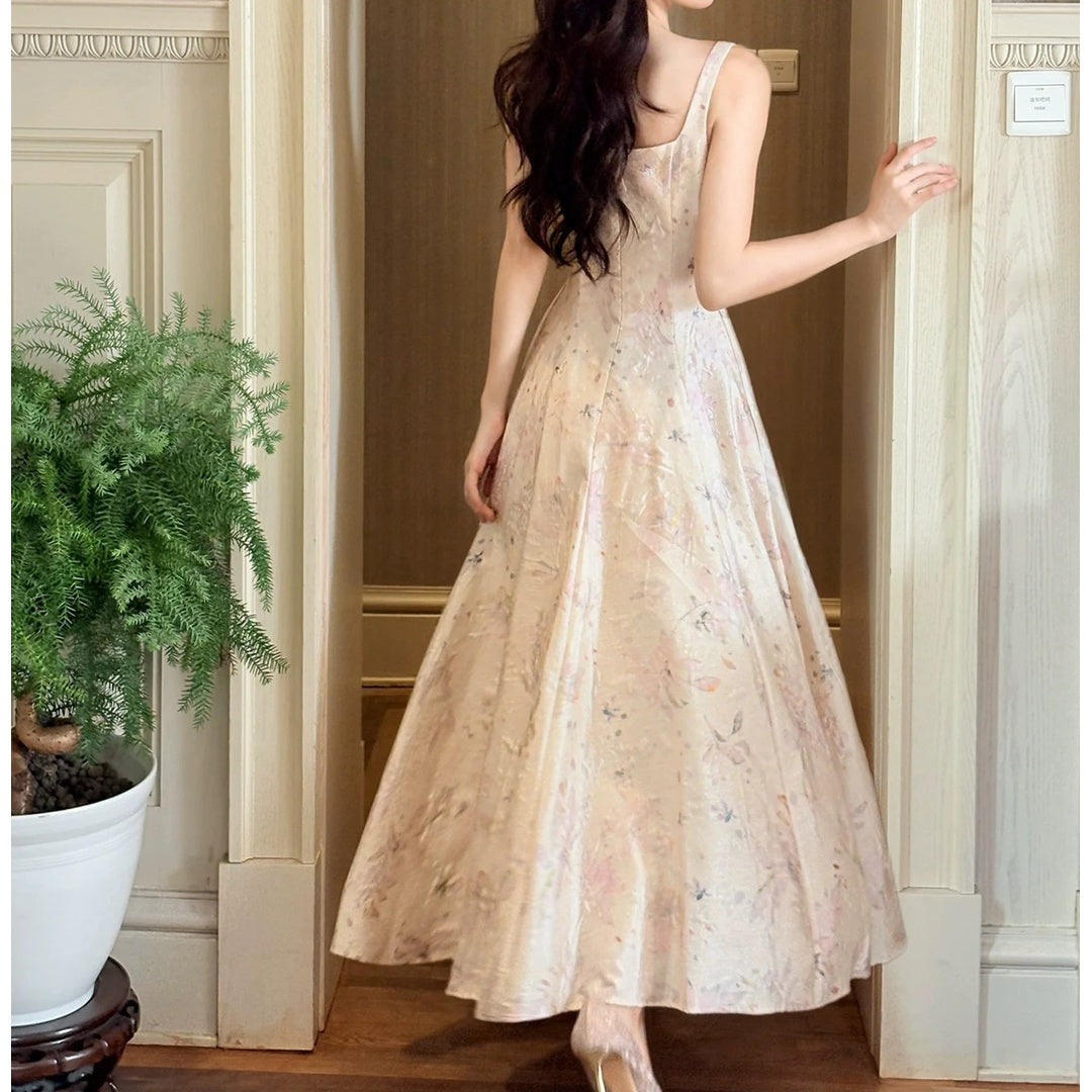 French Princess Floral Square Neck Spaghetti Strap Gown Dress