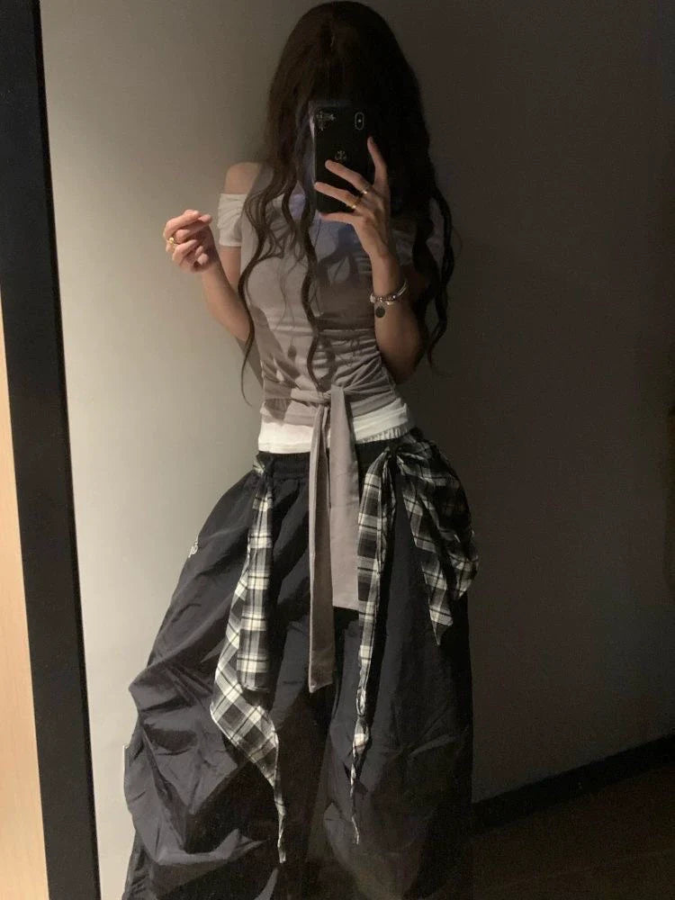 Gray White Fake Two-Piece Tie Detail Y2K T-Shirt