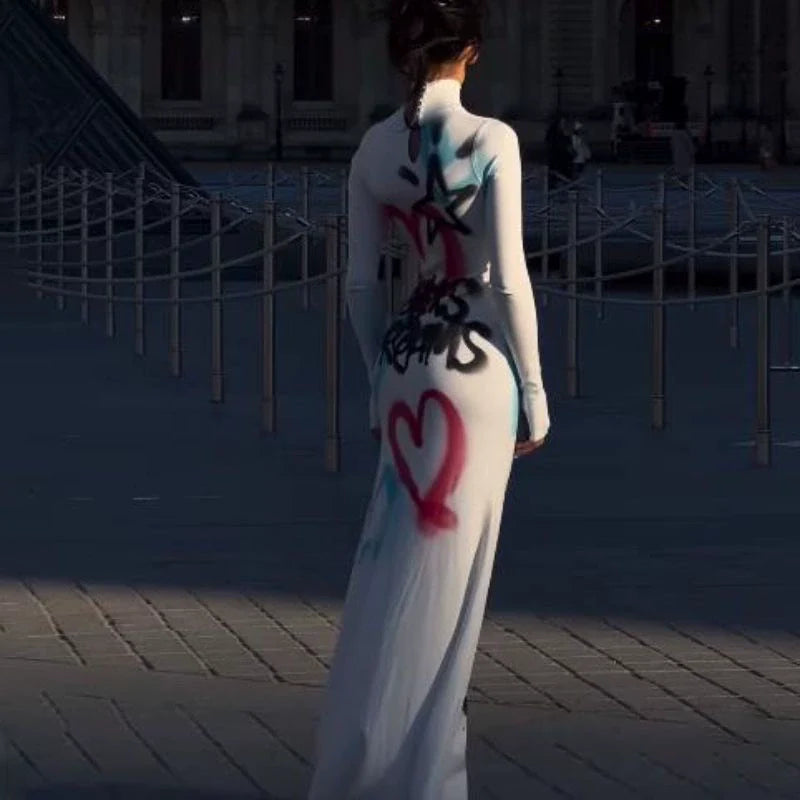 White Subculture Punk Y2K E-girl Graffiti Print Slim Bodycon Maxi Dress