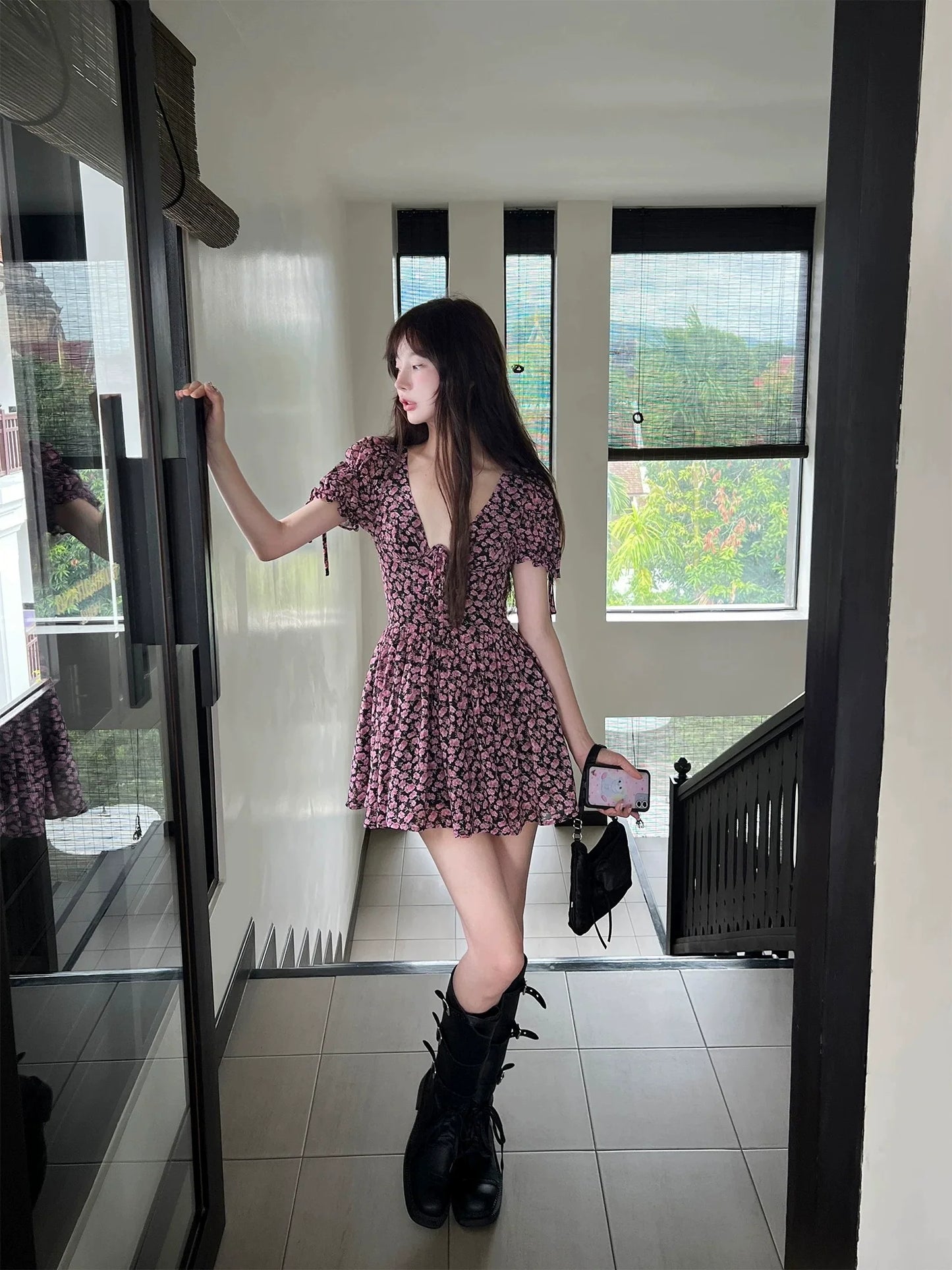 Purple Floral V-Neck Smocked Bubble-Sleeve Mini Dress
