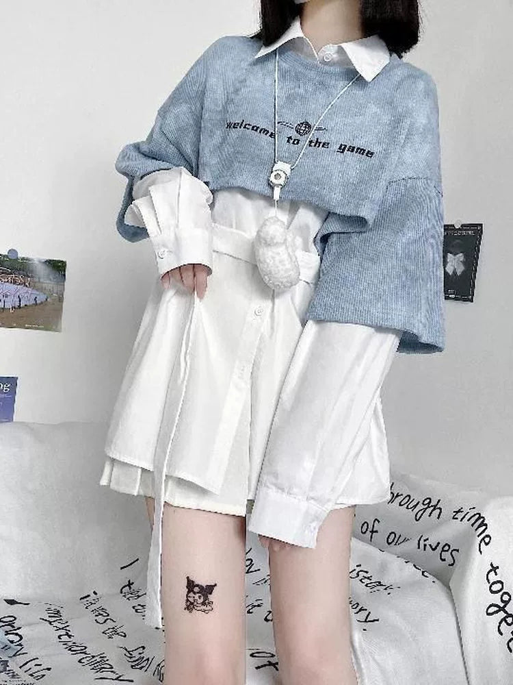 Blue Tie-Dye Hoodie Two-Piece Set Subculture Y2K E-girl Light Subculture American Retro Abi Long-Sleeve Shirt Set