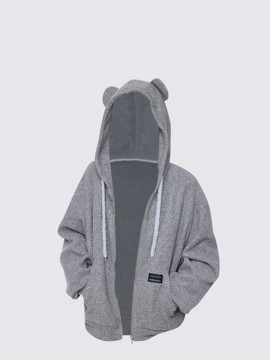 Bear Ear Drawstring Hooded Cardigan Women