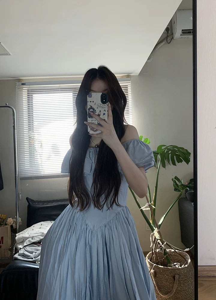 Blue Ruffled Sleeve Off-The-Shoulder French Retro Dress