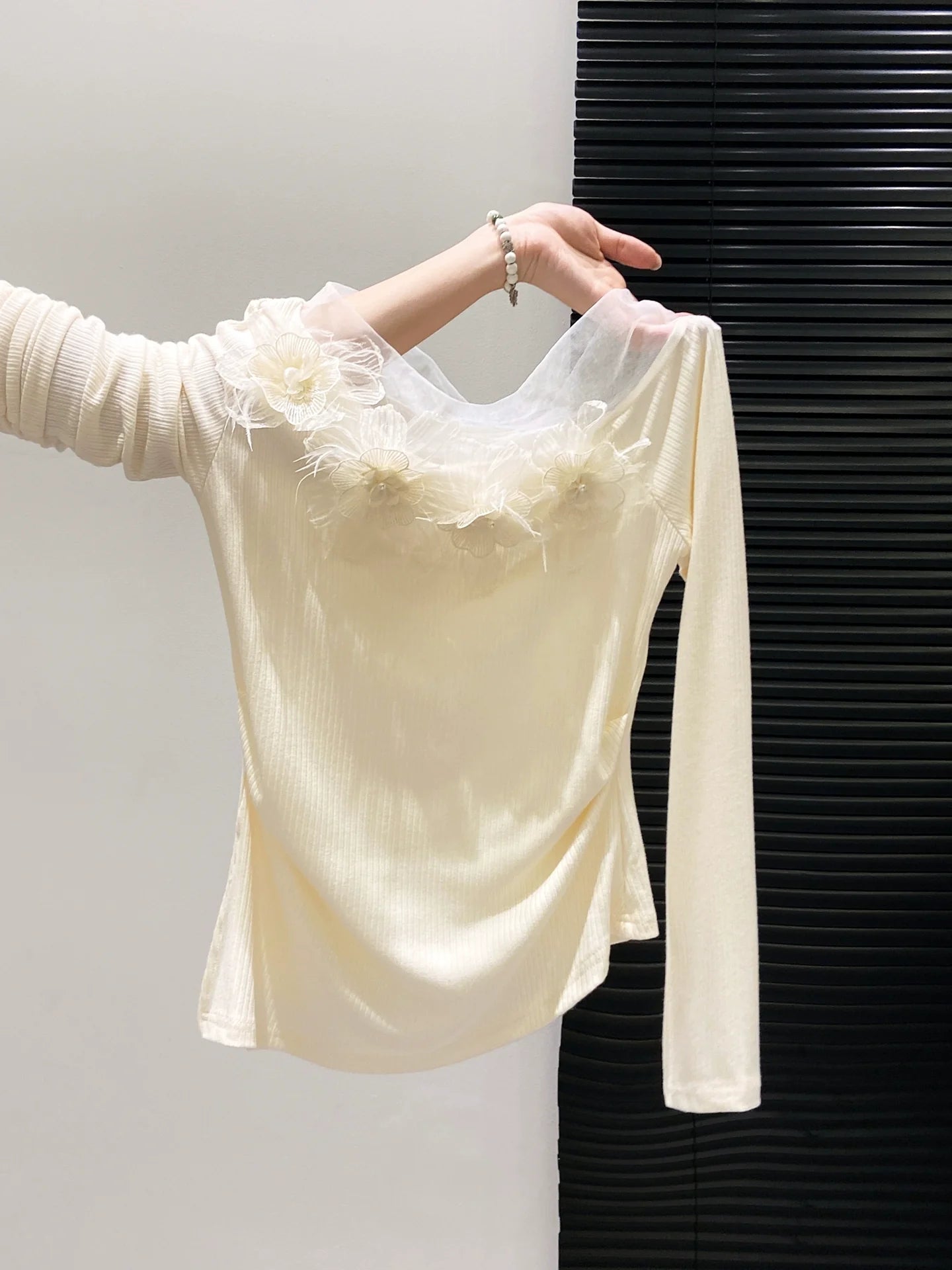 Unique Design Lace Tulle Off-The-Shoulder Long-Sleeve Fitted Base Layer Top With 3D Flowers