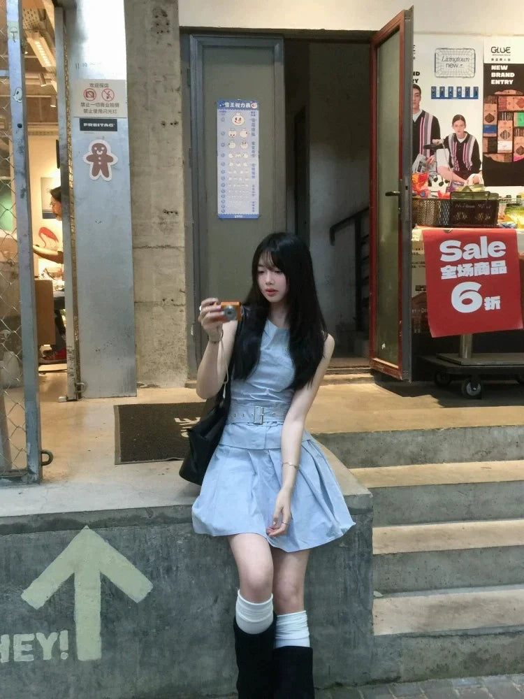 French Blue Sleeveless Tank Dress with Pleated Hem