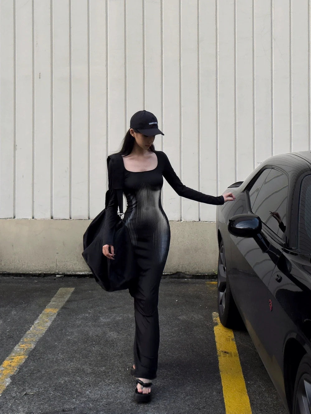 Sexy E-girl Black Print Long-Sleeve Bodycon Waist-Cinched Maxi Dress