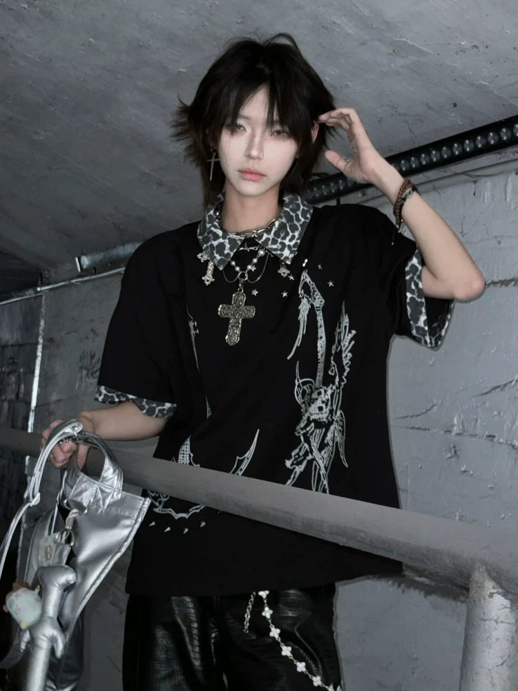 Y2K Black Short Sleeve Polo Tee Leopard Patchwork Summer Loose Fit Visual Kei Top