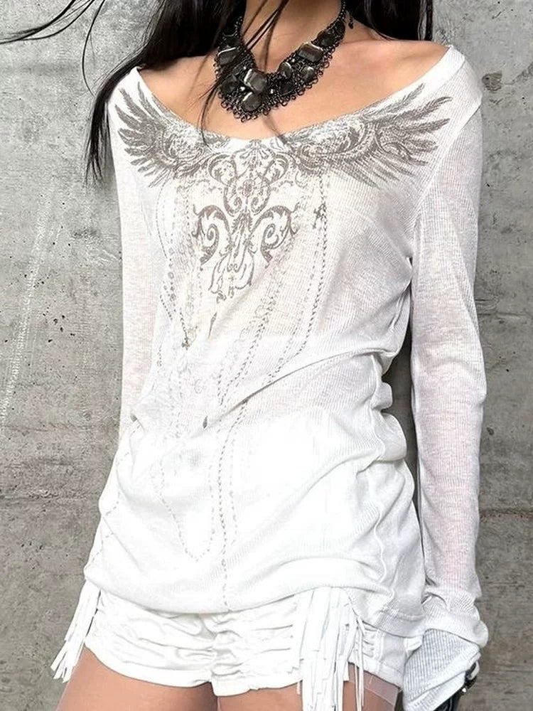 White Cutout Print Light Subculture Punk Y2K E-girl American Retro Long Sleeve Top