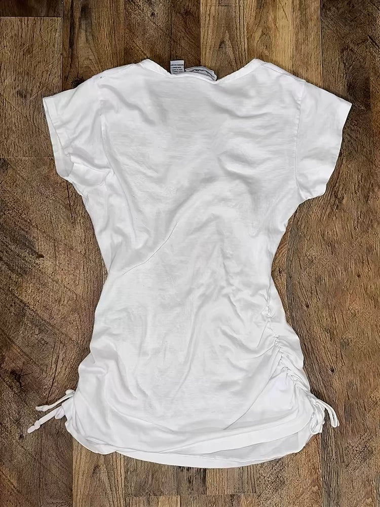 White Subculture Y2K E-girl Retro Drawstring Print V-neck Niche Waist-Cinched Short Sleeve Top